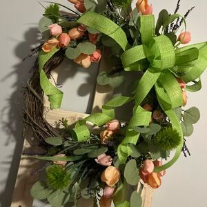 Spring Floral Wreath with Green Ribbon